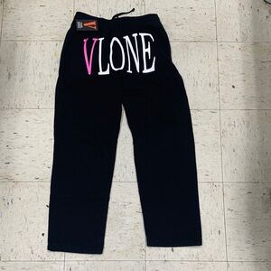 VLONE Black Sweatpants with Pink V and White VLONE Lettering